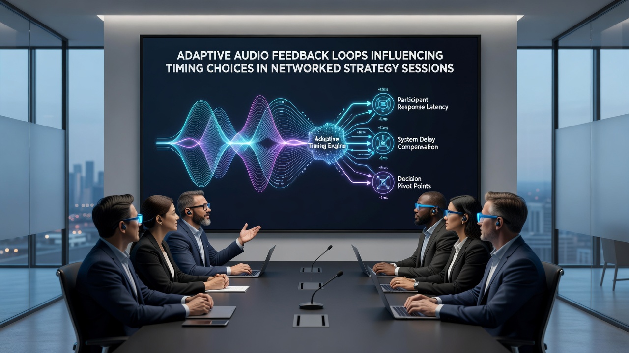 Illustration von Audio-Wellen und Timing-Grafiken in einer vernetzten Strategiesitzung über verschiedene Geräte