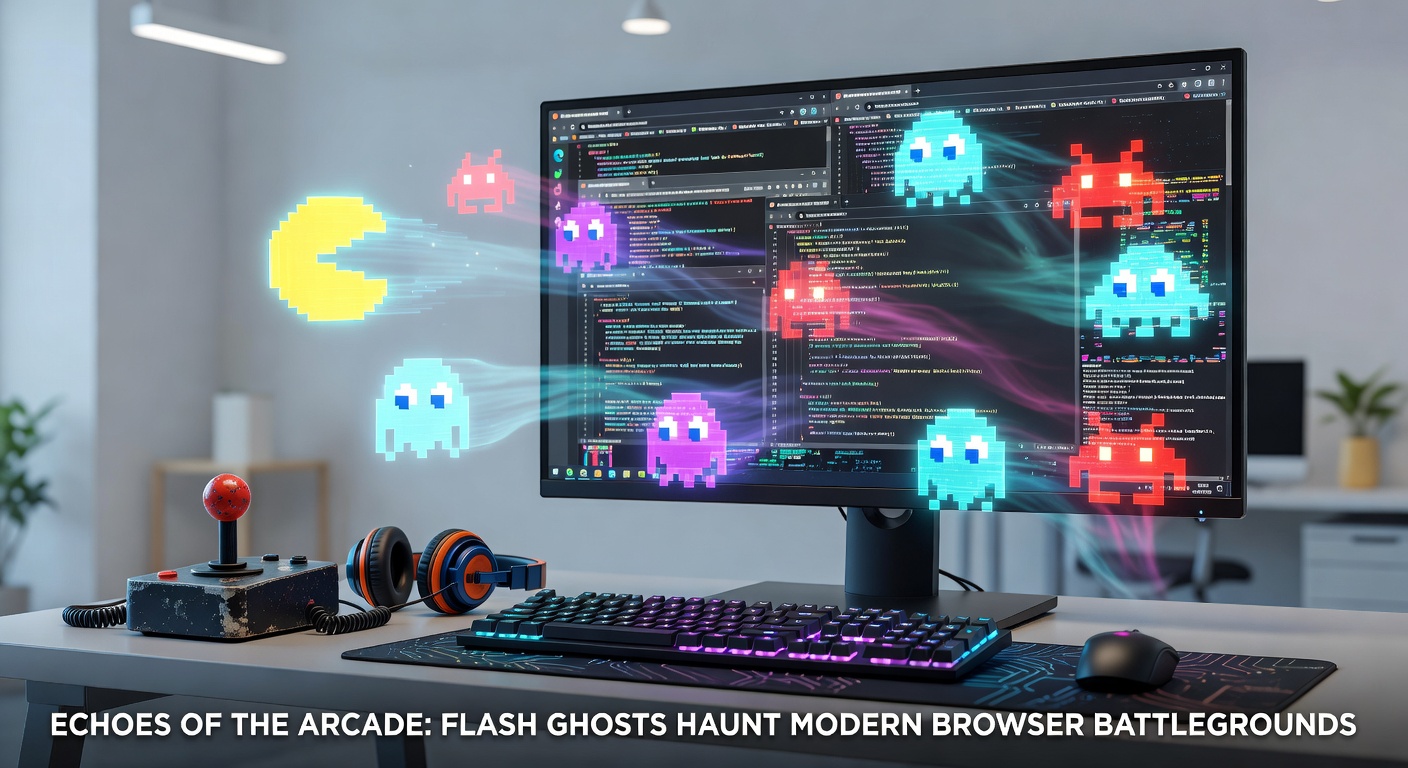 Moderne Browser-Schnittstelle mit einem emulierten Flash-Spiel, das Arcade-Kämpfe zeigt, umgeben von WebGL-Effekten und Multiplayer-Overlays