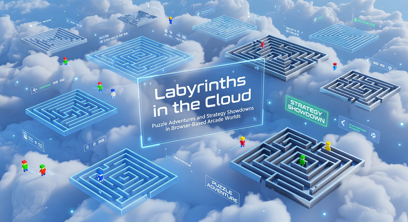 Zwei Spieler in einem gemeinsamen Labyrinth-Duell, umgeben von Strategie-Elementen und leuchtenden Puzzle-Fragmenten in einer dynamischen Browser-Arena