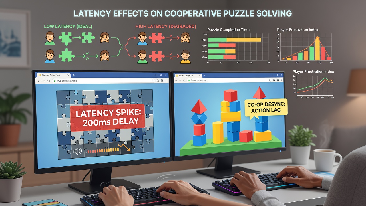 Analyse-Diagramm zu Latenzwerten und Erfolgsraten in Multiplayer-Puzzle-Sitzungen
