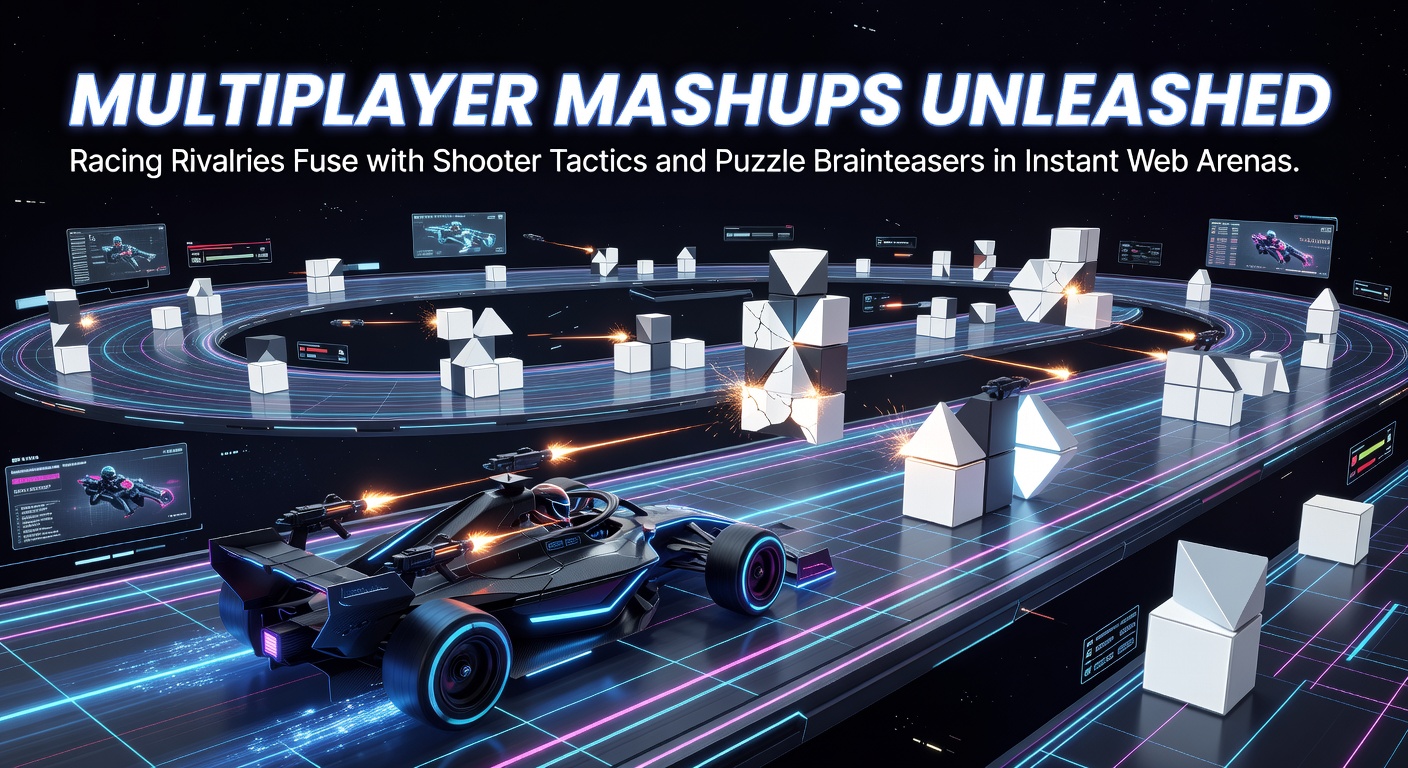Dynamische Web-Arena mit Rennwagen, die Shooter-Elemente und Puzzle-Herausforderungen integrieren, während Spieler in Echtzeit rivalisieren